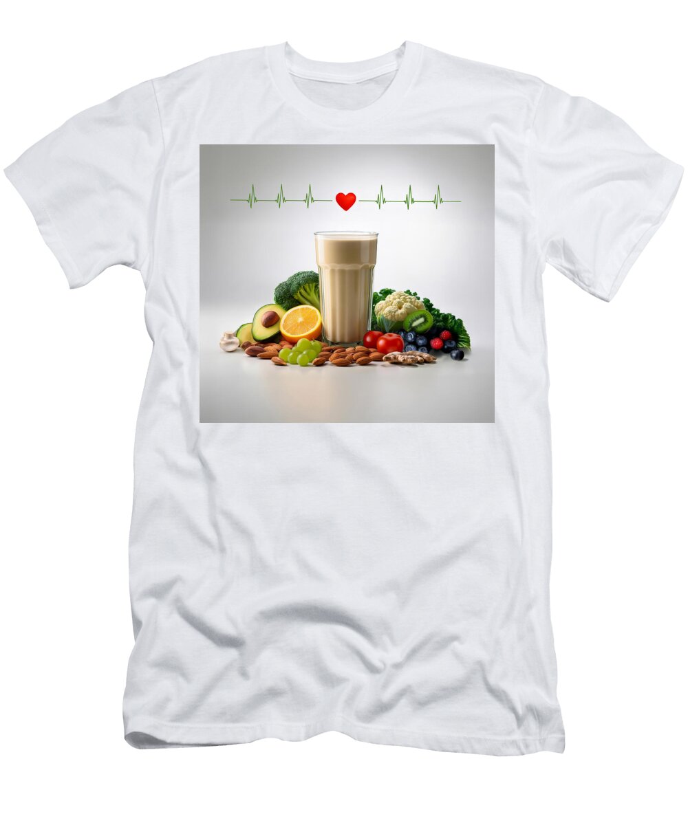 A Tall Glass of a Creamy Beverage Is Surrounded By an Assortment of Fresh Fruits Vegetables Nuts Lins Creations Llc T-Shirt