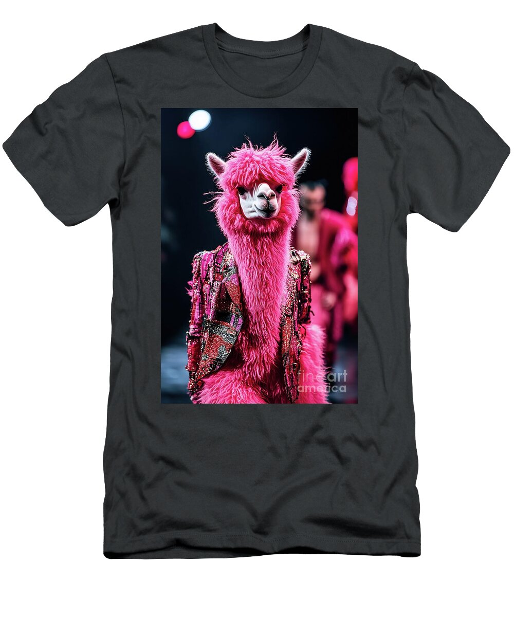 A Vibrant Pink Alpaca Struts Down the Runway Wearing a Sparkling Jacket At a Fashion Show Event Beautiful Things T-Shirt