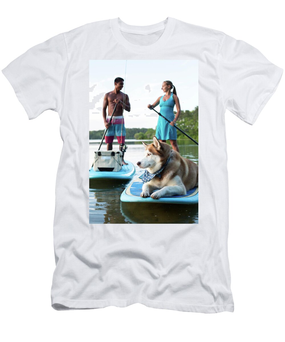 A Young Couple and Their Dog on a Stand Julia Cumes T-Shirt