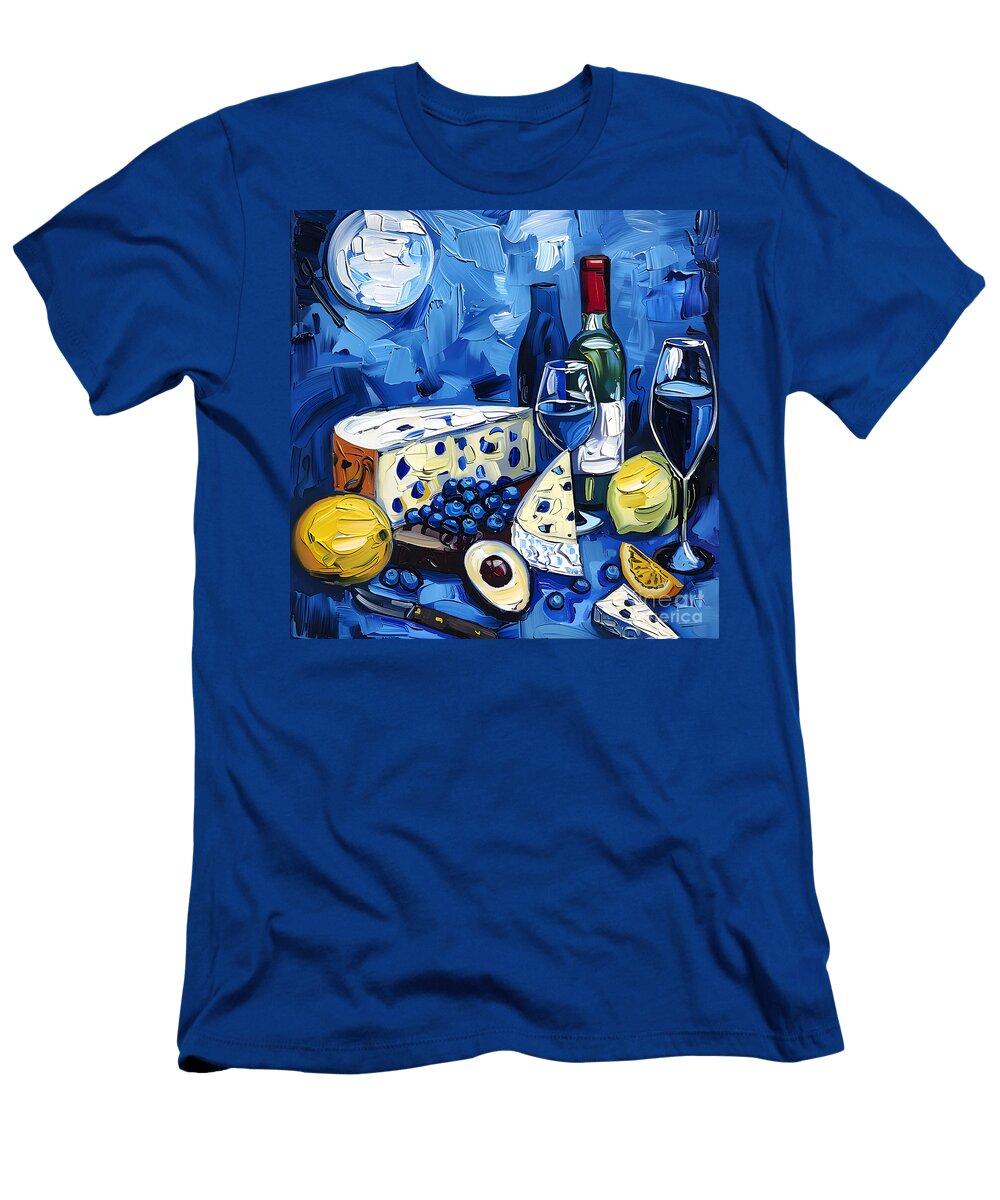Abstract Vibrant Still Life with Blue Cheese Grapes Pear Avocado and Wine Bottle Olfactoart Studio T-Shirt