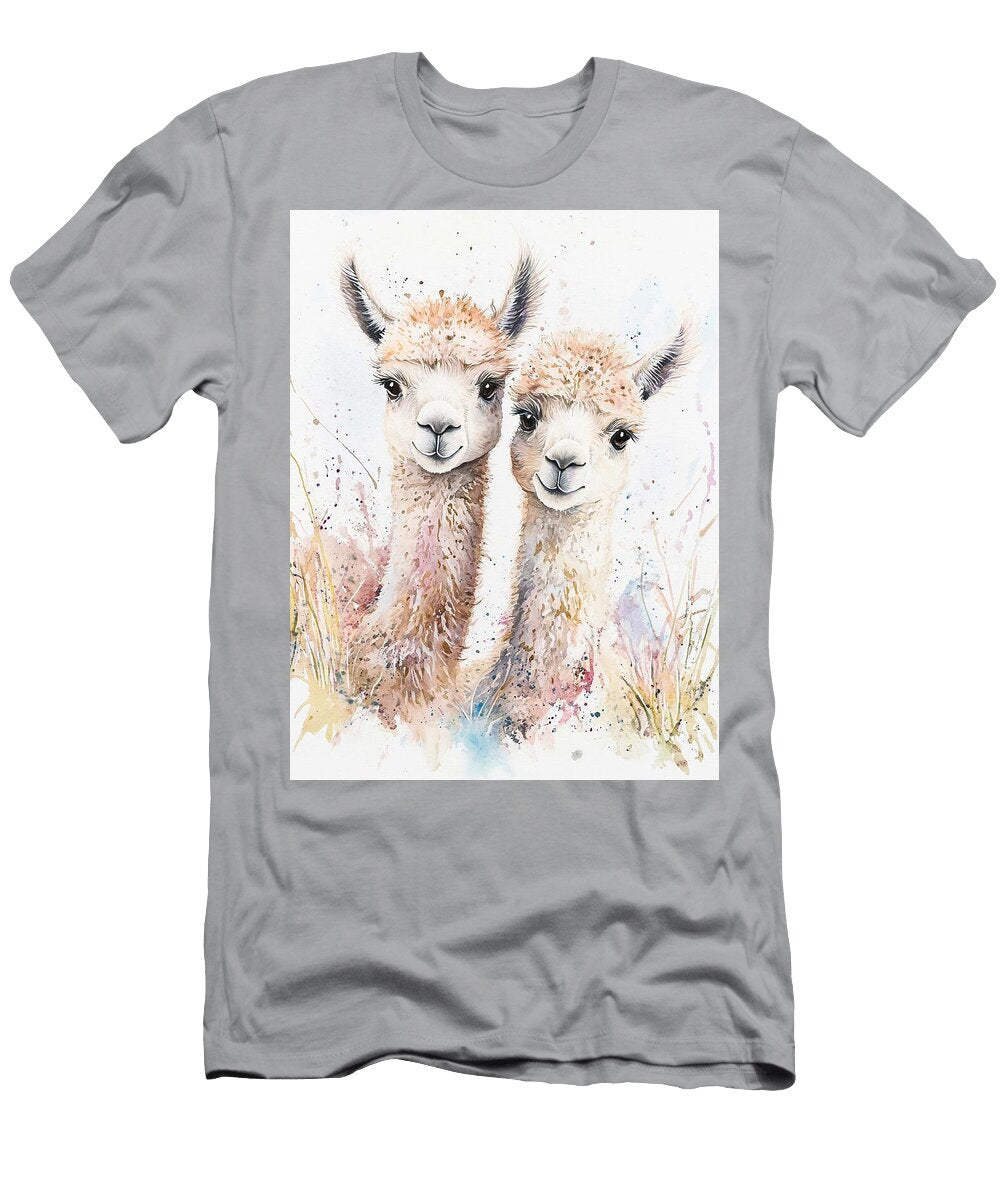 Adorable Animal Portraits Two Baby Llamas Exploring a Farm with Fluffy Cream and Brown Fur Watercolo Henry George T-Shirt