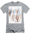 Adorable Running Animals Two Baby Llamas Running Near a Fence with Fluffy White and Brown Fur Cute B Henry George T-Shirt