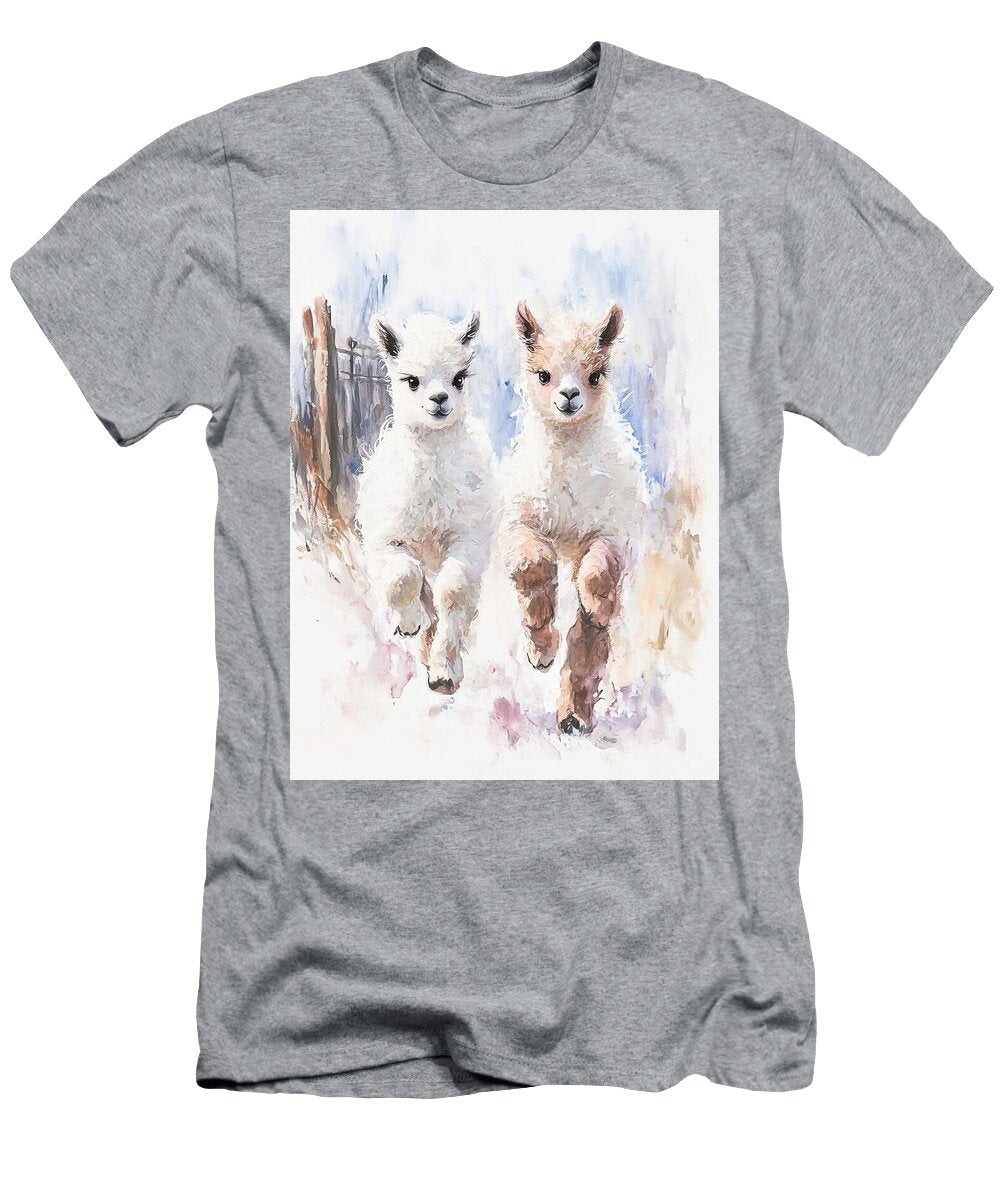 Adorable Running Animals Two Baby Llamas Running Near a Fence with Fluffy White and Brown Fur Cute B Henry George T-Shirt
