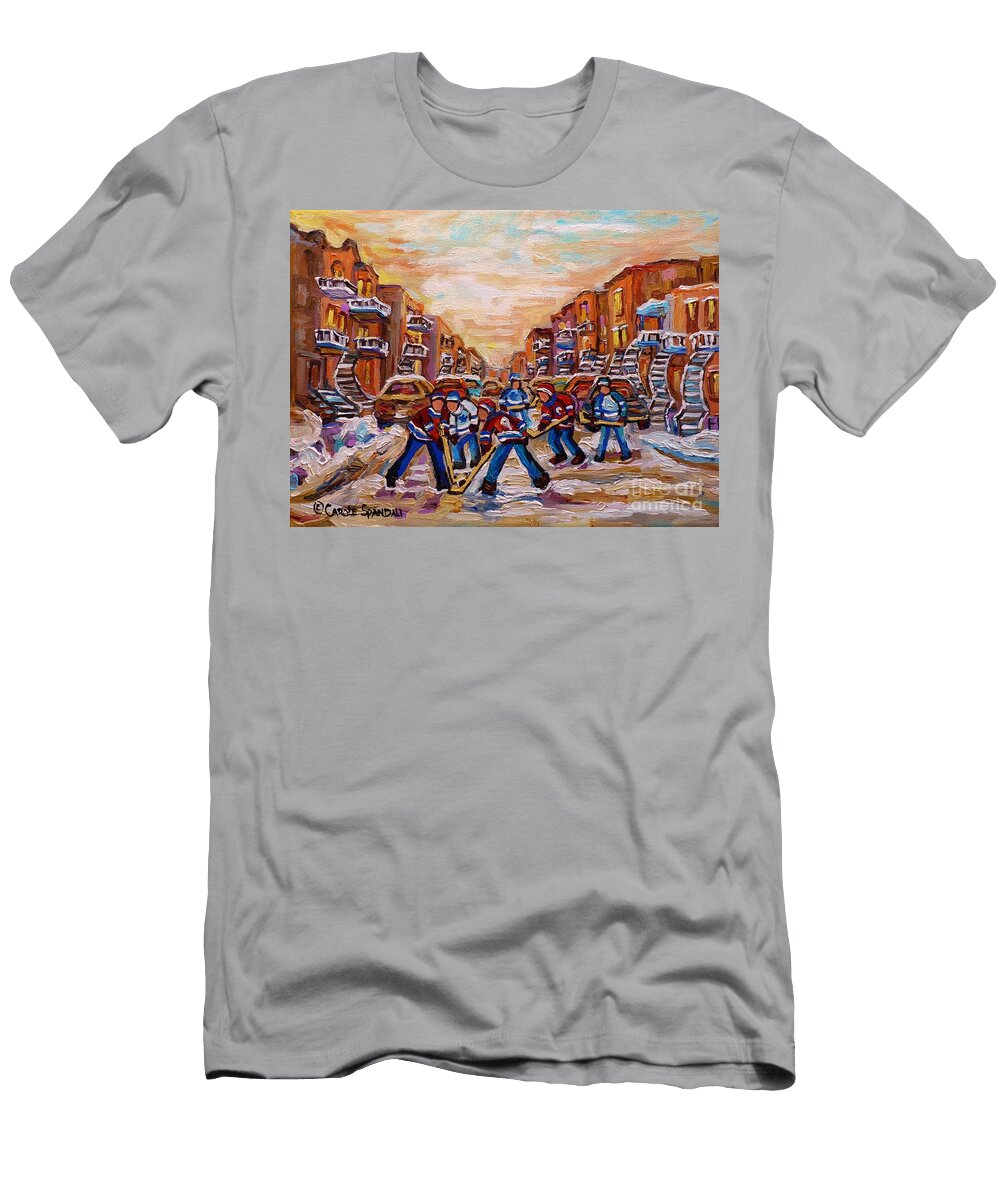 After School Winter Fun Street Hockey Paintings of Montreal City Scenes Carole Spandau Carole Spandau T-Shirt