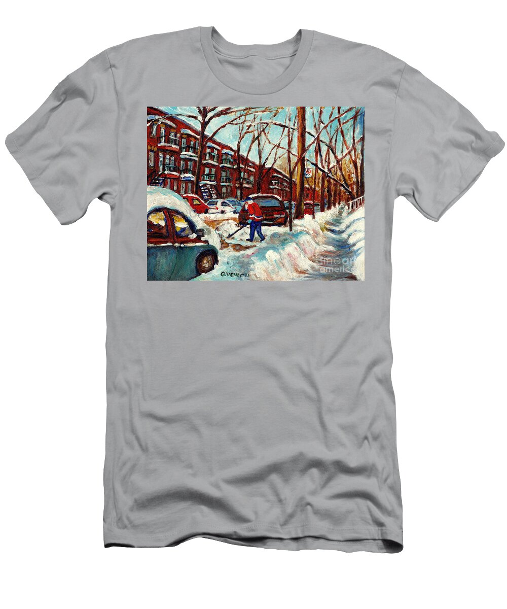 After the Snowfall Man Shovelling Montreal Winter Scene Grace Venditti Art Grace Venditti T-Shirt