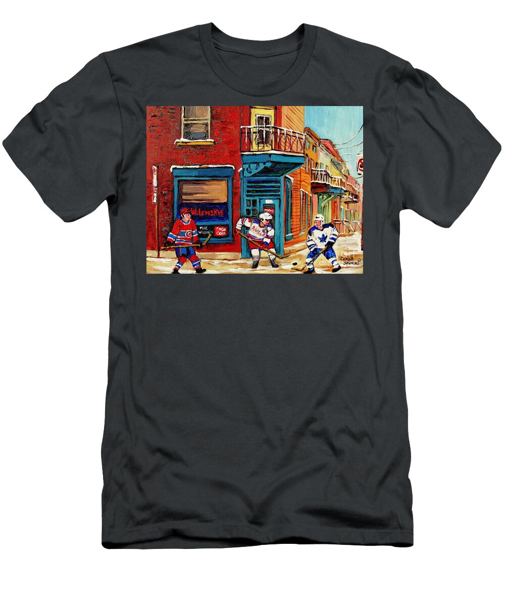 All Stars Street Hockey At Wilenskys Diner Montreal Winter Scene Painting Canadian Art C Spandau Carole Spandau T-Shirt