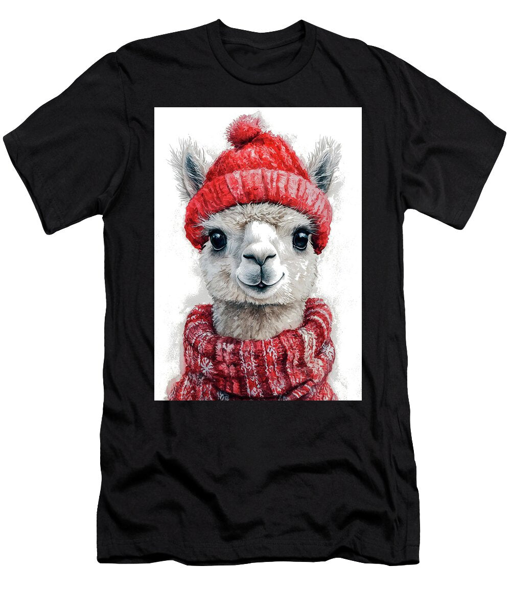 Alpaca Cute Alpaca in a Red Hat and Scarf Winter Animal Portrait Rhys Jacobson T-Shirt