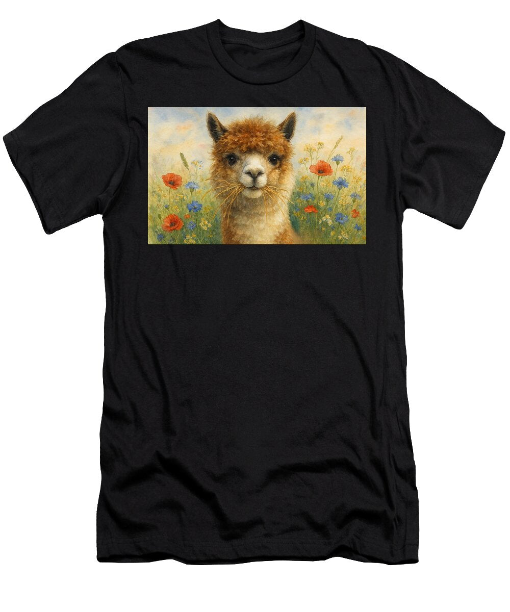 Alpaca in a Field of Flowers Janice Maclellan T-Shirt