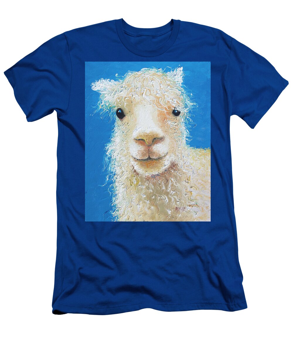 Alpaca on Blue Background Jan Matson T-Shirt
