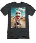 Alpaca Riding a Motorcycle Down a Desert Highway Rhys Jacobson T-Shirt