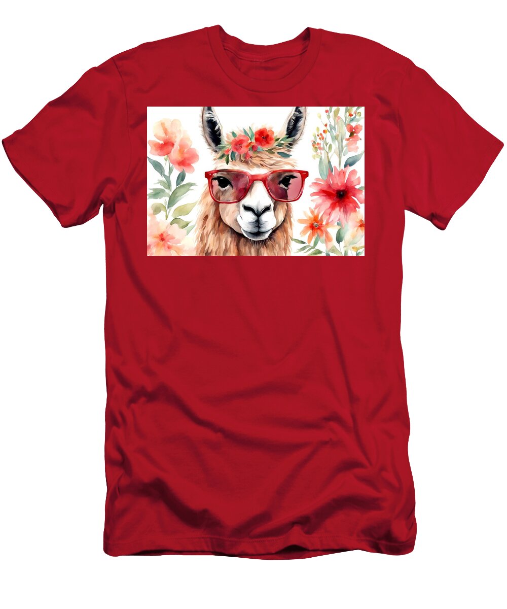 America Goggles Animal Lama Watercolor Background Card Sunglasses Hand Design Painted Print Flower Red White Fabric Illustration Llama Peru Alpaca Beautiful Wafe Akkash T-Shirt