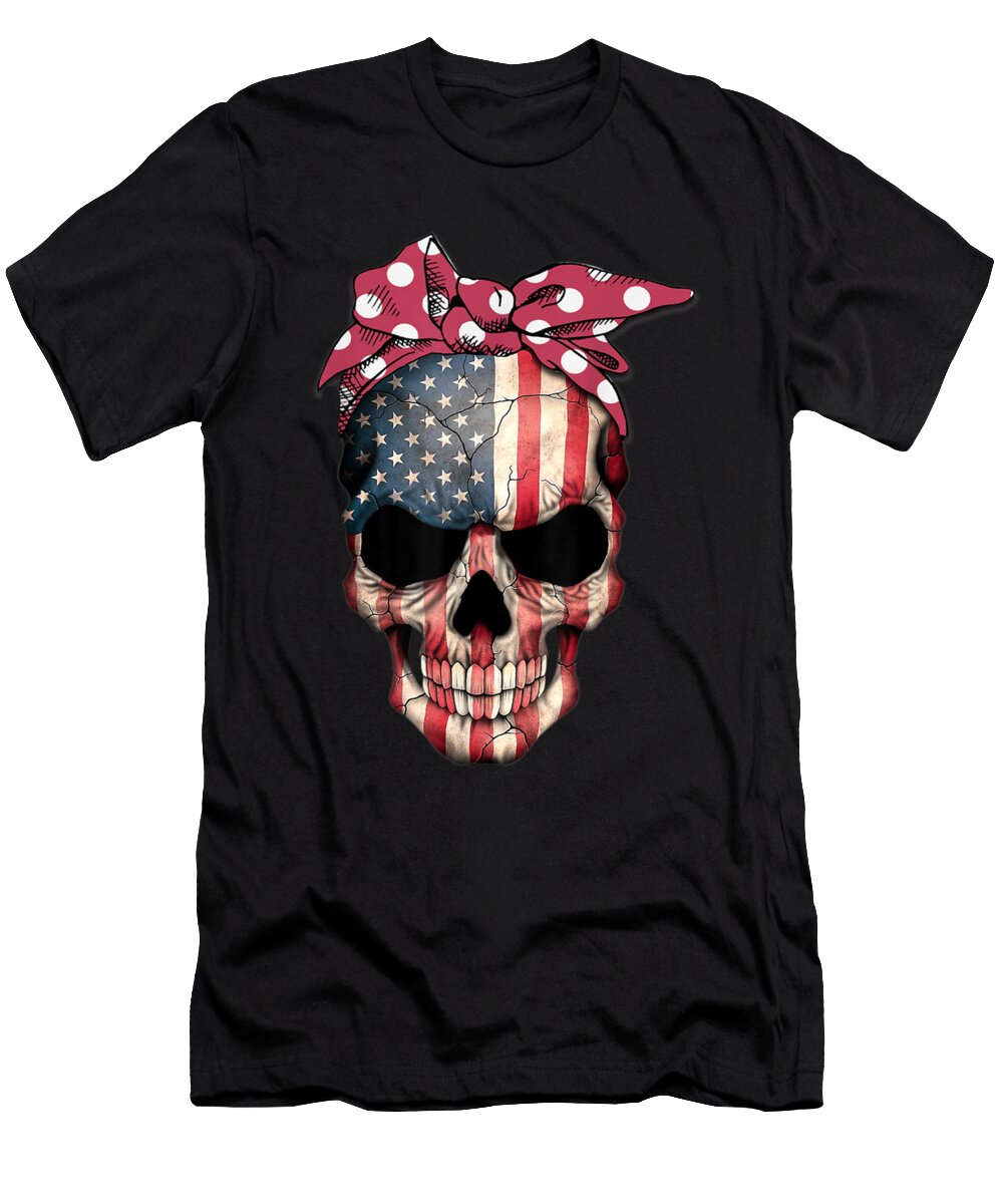 American Flag Skull Headband Patriotic 4th of July Shannon Nelson Art T-Shirt
