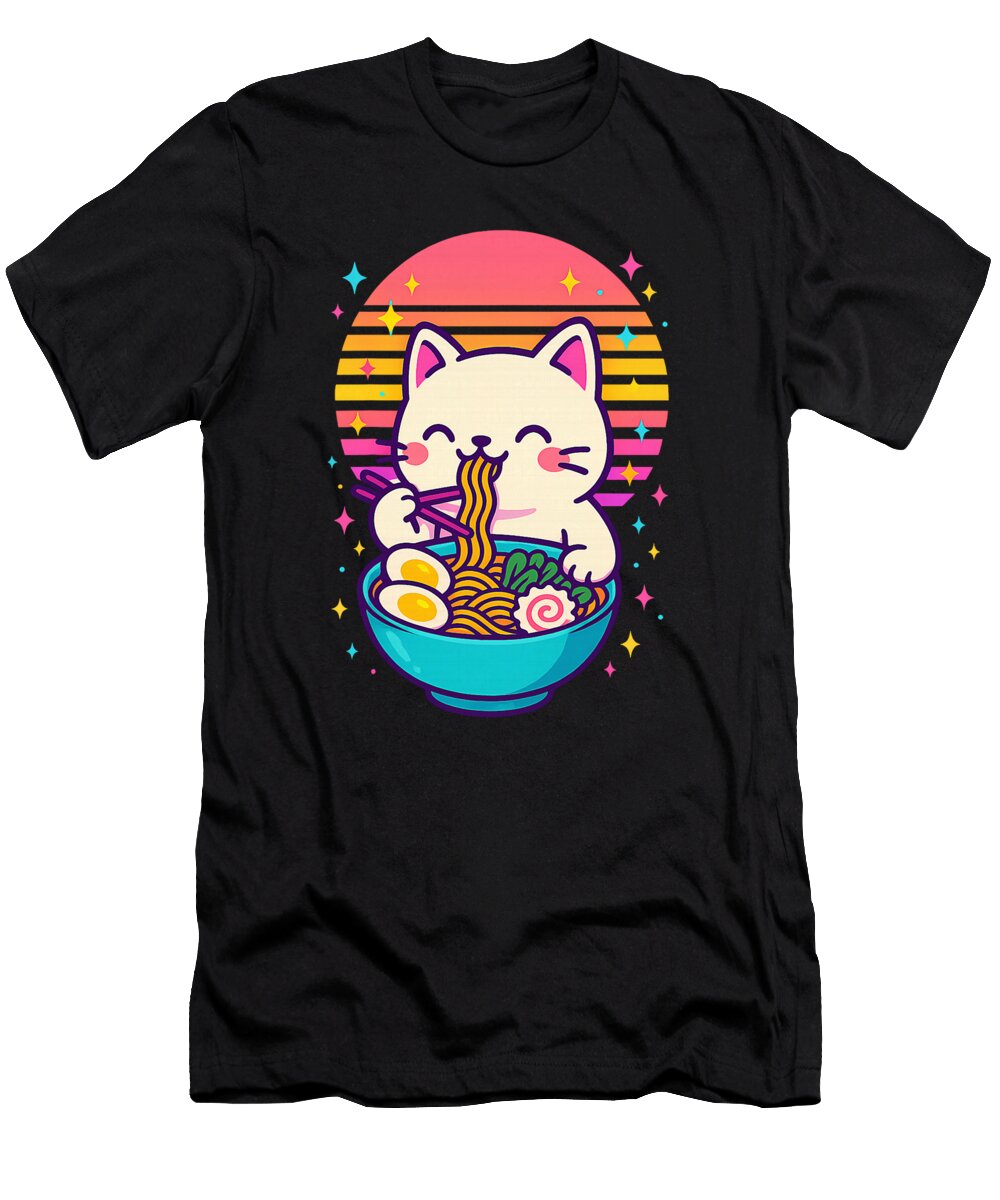 Anime Cat Eating Ramen Japanese Zyneu Gangd T-Shirt