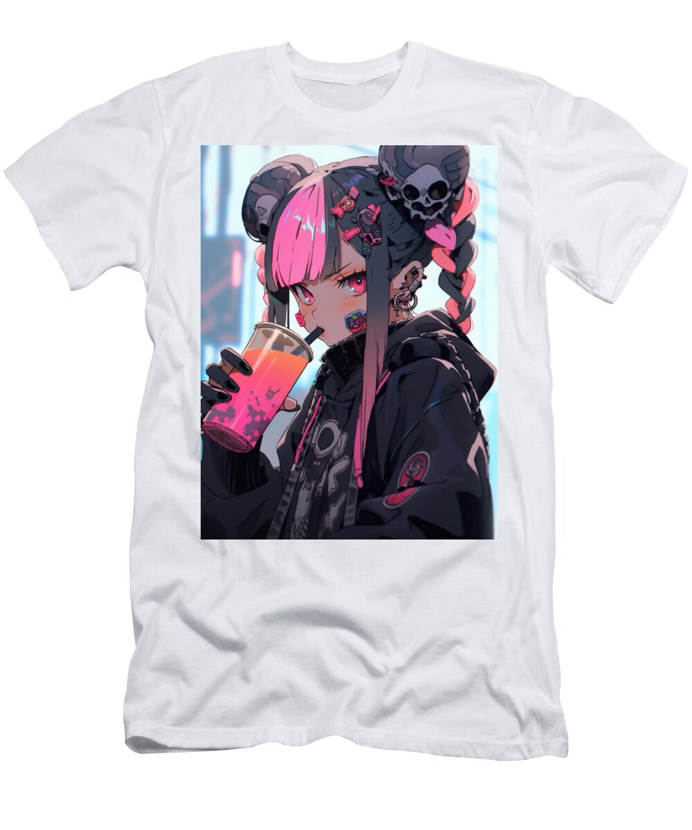 Anime Girl with Pink Hair and Black Jacket Drinks Boba Tea Keylee Timna T-Shirt