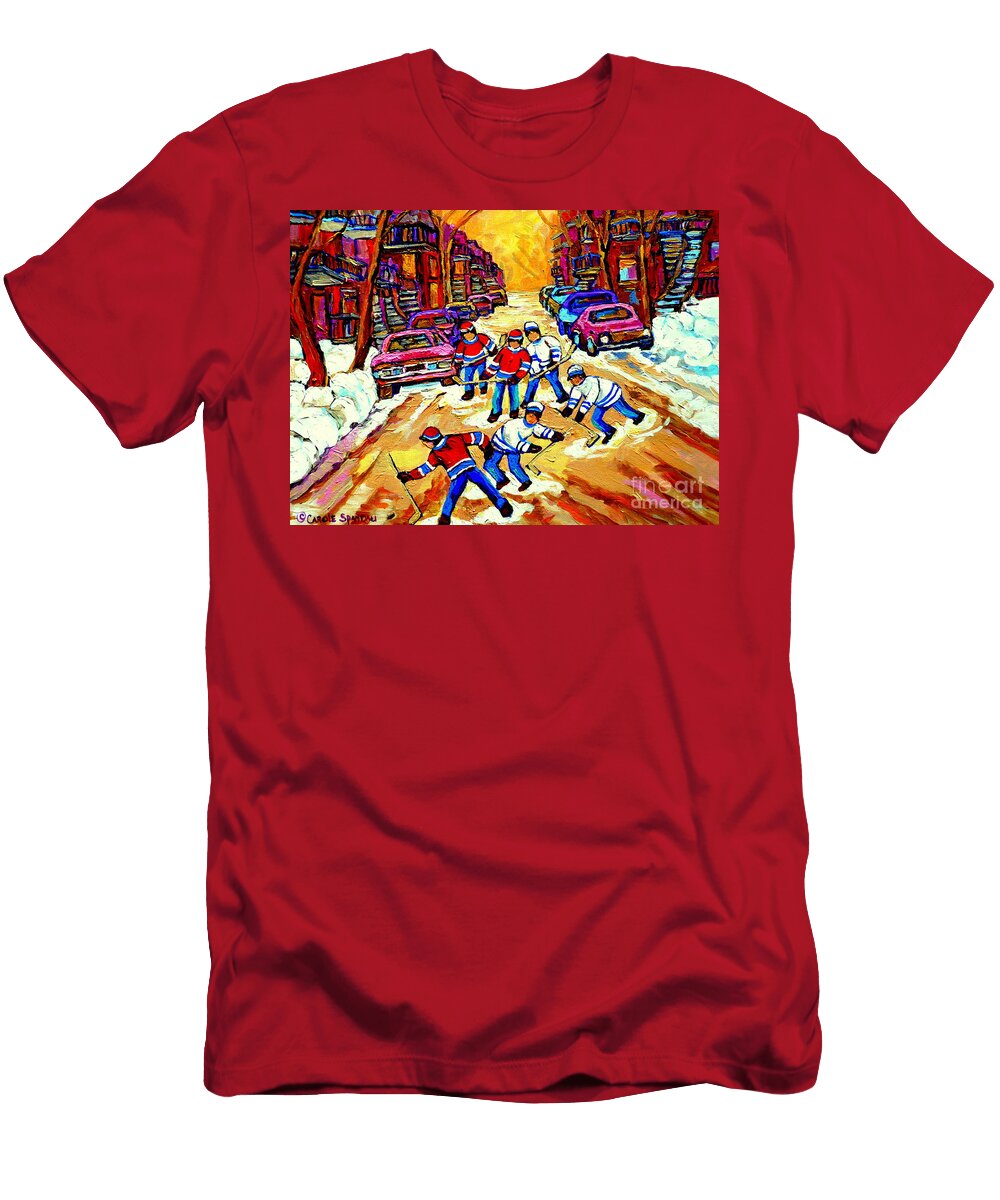 Art of Montreal Hockey Street Scene After School Winter Game Painting By Carole Spandau Carole Spandau T-Shirt