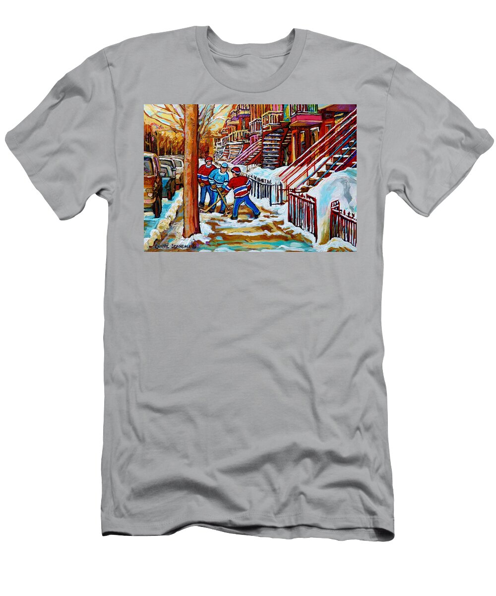 Art of Verdun Staircases Montreal Street Hockey Game City Scenes By Carole Spandau Carole Spandau T-Shirt