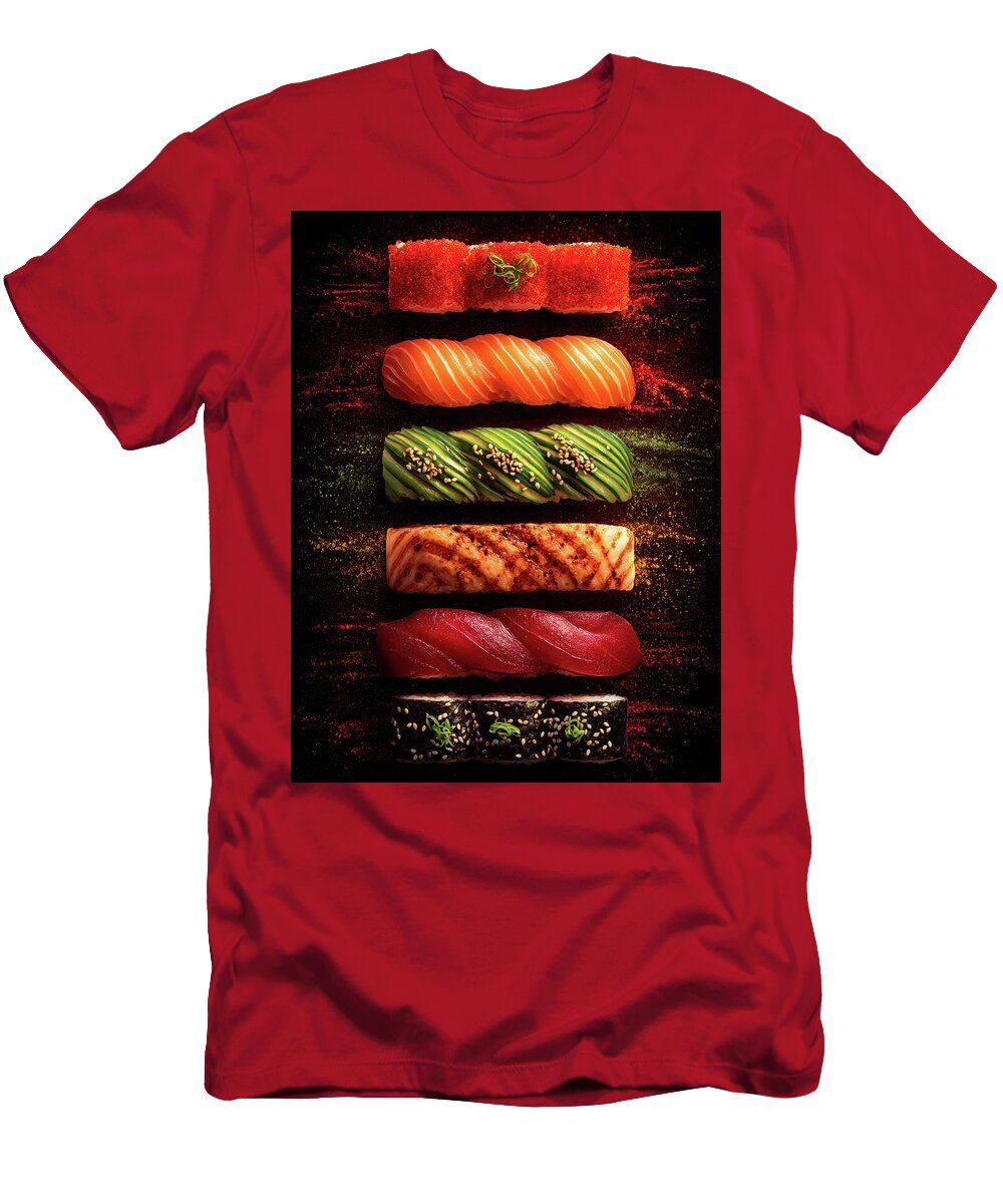 Assorted Sushi Rolls on Dark Background Oliver Tufan T-Shirt