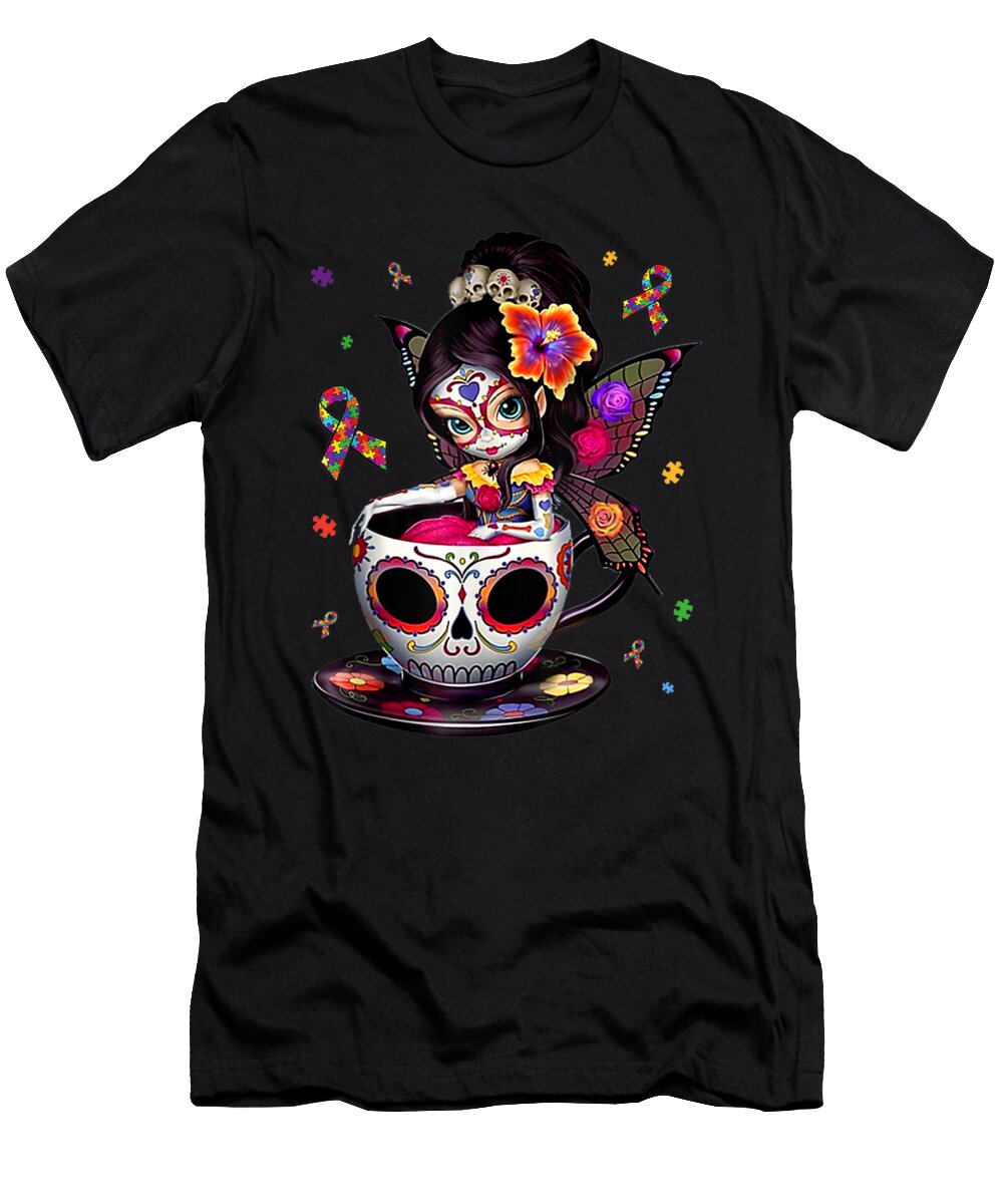 Autism Awareness Coffee Sugar Skull Girl Autism Shannon Nelson Art T-Shirt