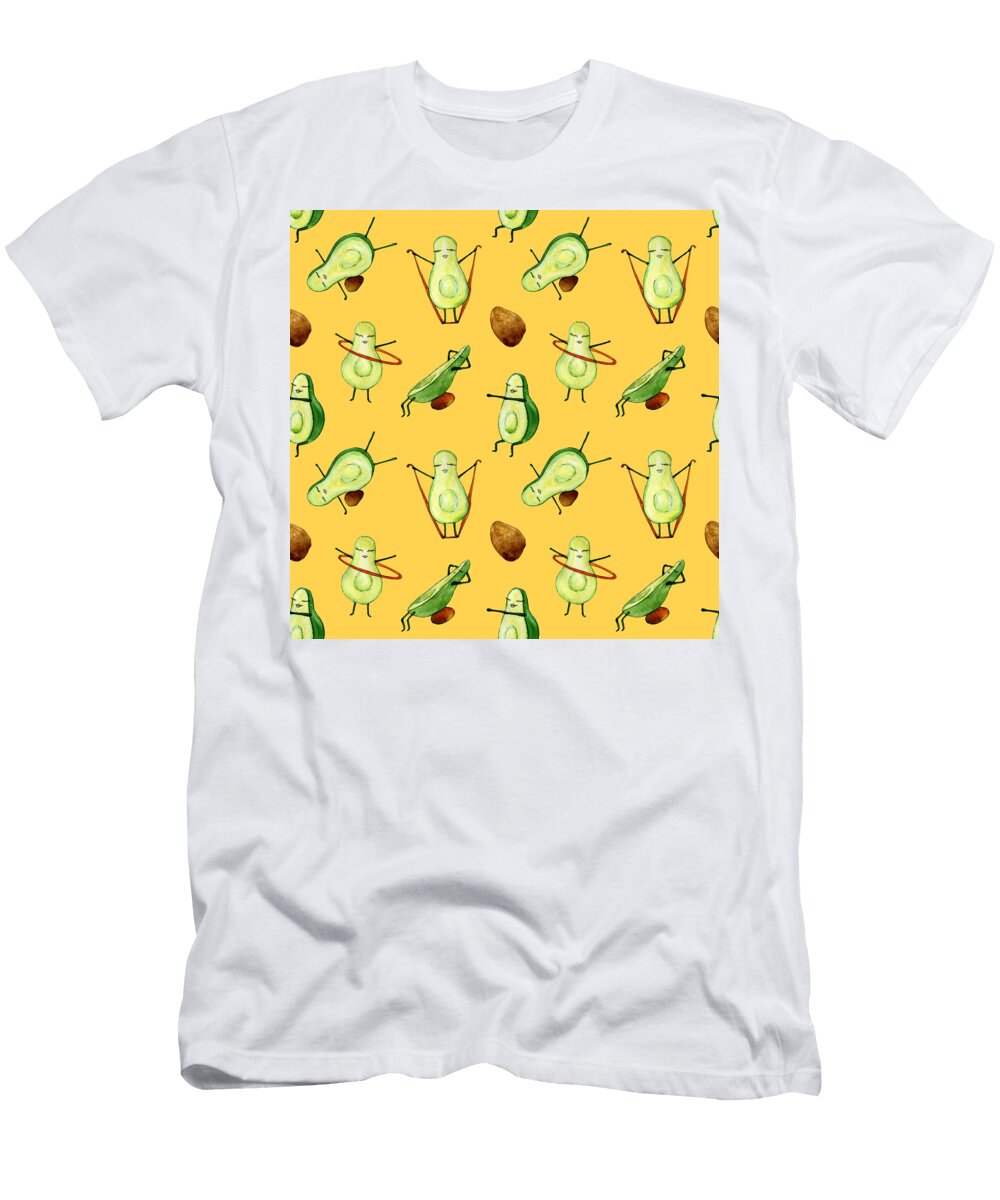 Avocado Funny Hand Drawn Watercolor Character Doing Sport Exercises on Yellow Background Seamless Pattern Julien T-Shirt