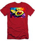 Avocado Vibrance Bold Halves of Avocado Against a Swirling Colorful Backdrop Olfactoart Studio T-Shirt