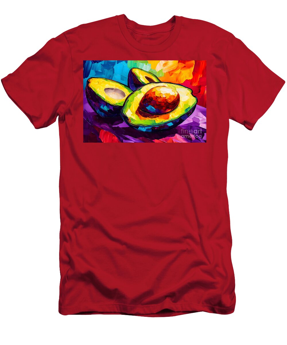 Avocado Vibrance Bold Halves of Avocado Against a Swirling Colorful Backdrop Olfactoart Studio T-Shirt