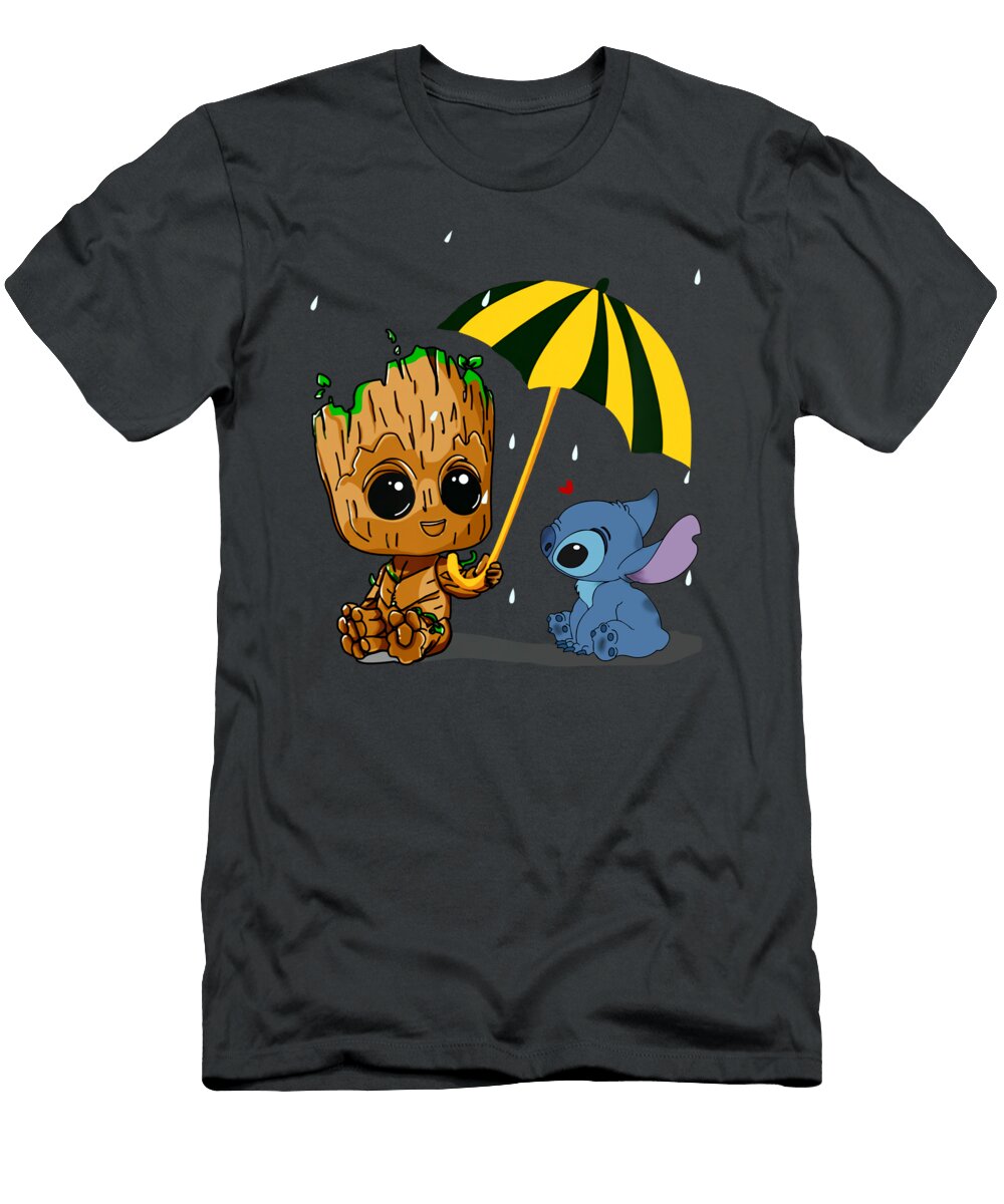 Baby Groot Hold an Umbrella and Stitch Cute Funny Meme Drama Sitcom Costume Movie Short Sleeve U Ashley Barcelo T-Shirt