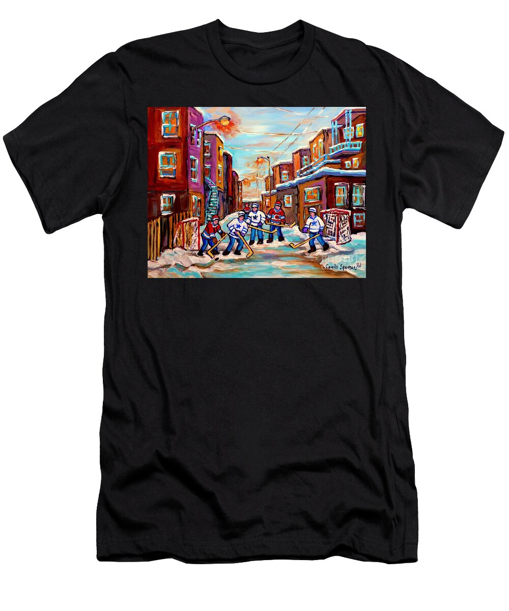 Back Lane Hockey Practice Pointe Stcharles Montreal City Winter Scene Painting Carole Spandau Carole Spandau T-Shirt