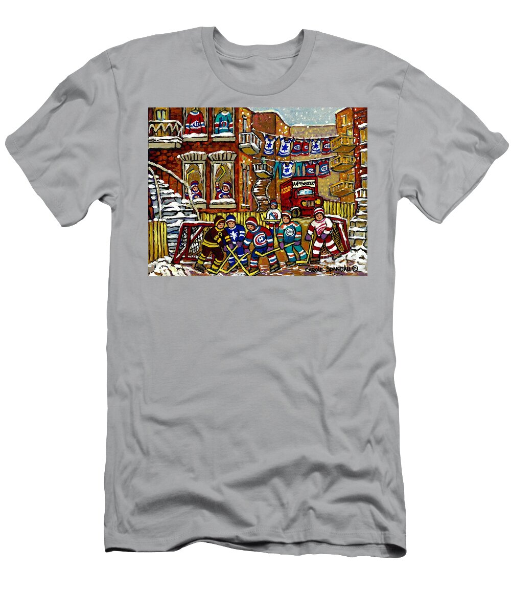 Backlane Snowy Winter Scene Hockey Game Verdun Alley Montreal Team Jerseys Canadian Art Carole Spandau T-Shirt