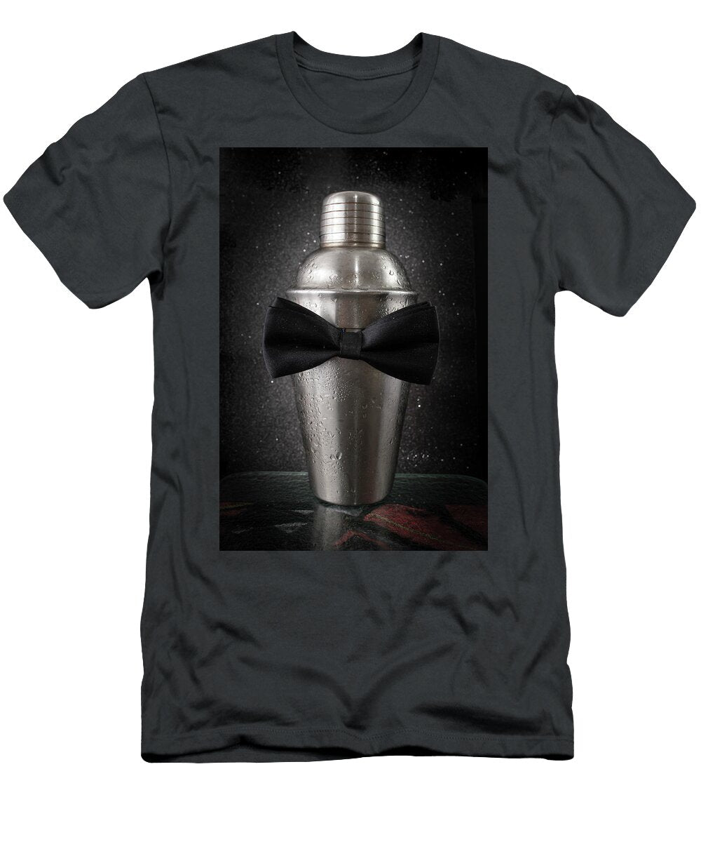 Bartender Cocktail Shaker with a Black Bowtie on Black Glittery Dorin Puha T-Shirt