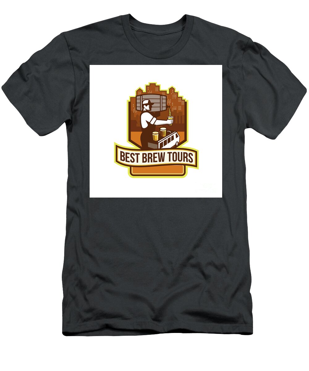 Bartender Pouring Beer Keg Cityscape Crest Retro Aloysius Patrimonio T-Shirt