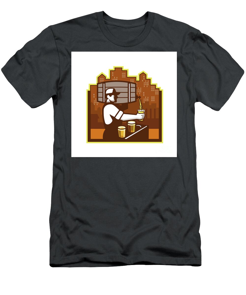 Bartender Pouring Beer Keg Cityscape Retro Aloysius Patrimonio T-Shirt