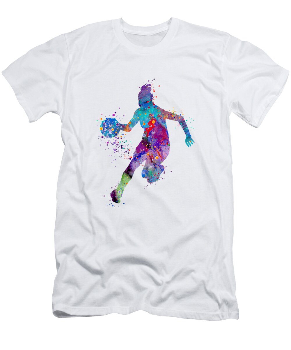 Basketball Girl Art Colorful Blue Purple Watercolor Gift Girls Room Art White Lotus T-Shirt