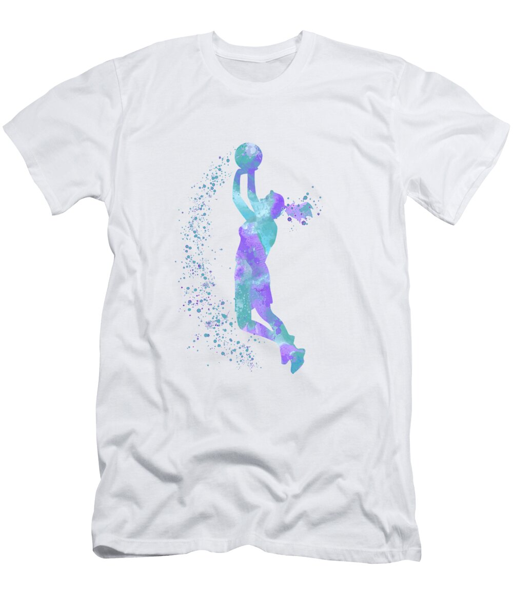 Basketball Girl Player Watercolor Teal Purple Sports Artwork White Lotus T-Shirt