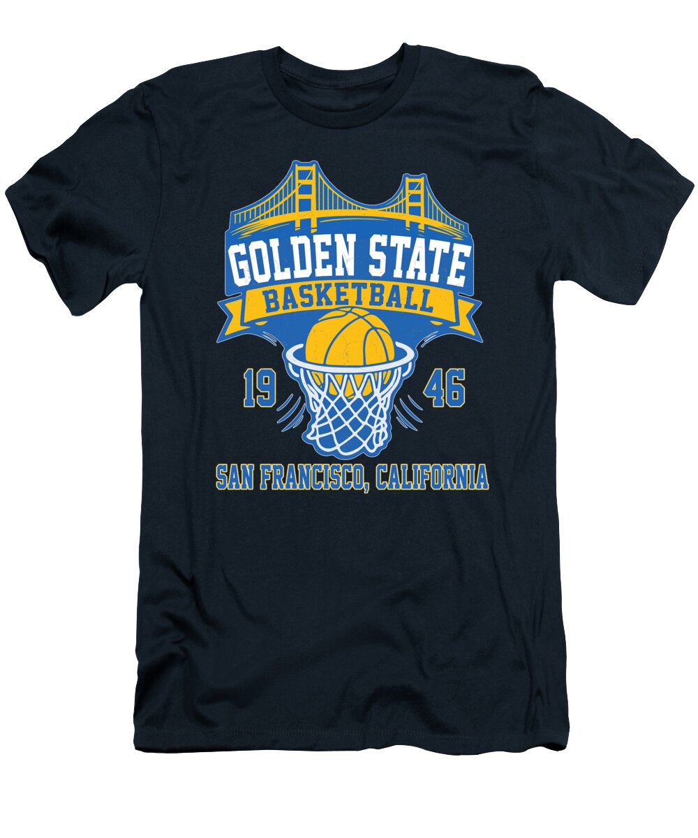 Bay Area Basketball Bridge Poster in Retro Blue and Gold Varsity Style Gerald James T-Shirt