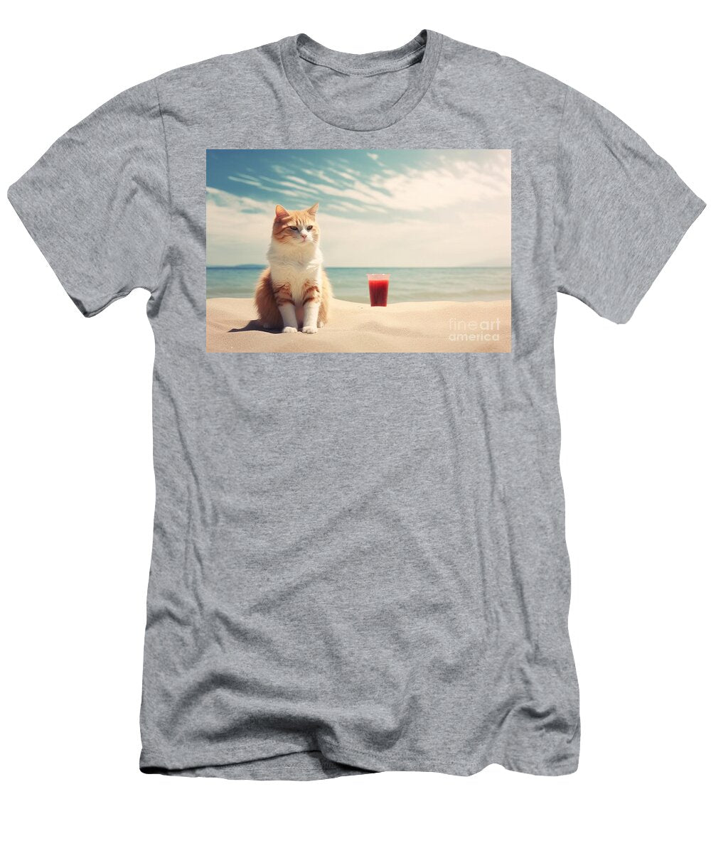 Beach C Image Ai Generated Artificial Intelligence Animal Drink Funny Kitten Pet Sea Summer Beautiful Happy Humor Nature Sun Sunglasses Travel Vacation Water Domestic Fun Juice Resort Beauty N Akkash T-Shirt