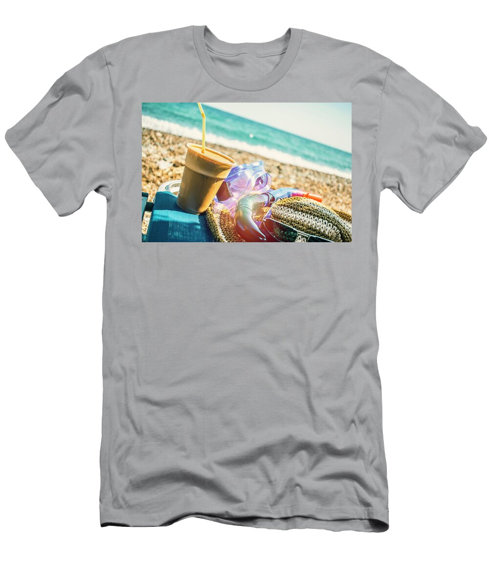 Beach with Ice Coffee Drink Snorkel Diving Equipment Hat and Sun Glasses with Sea Background Catalin Iliescu T-Shirt