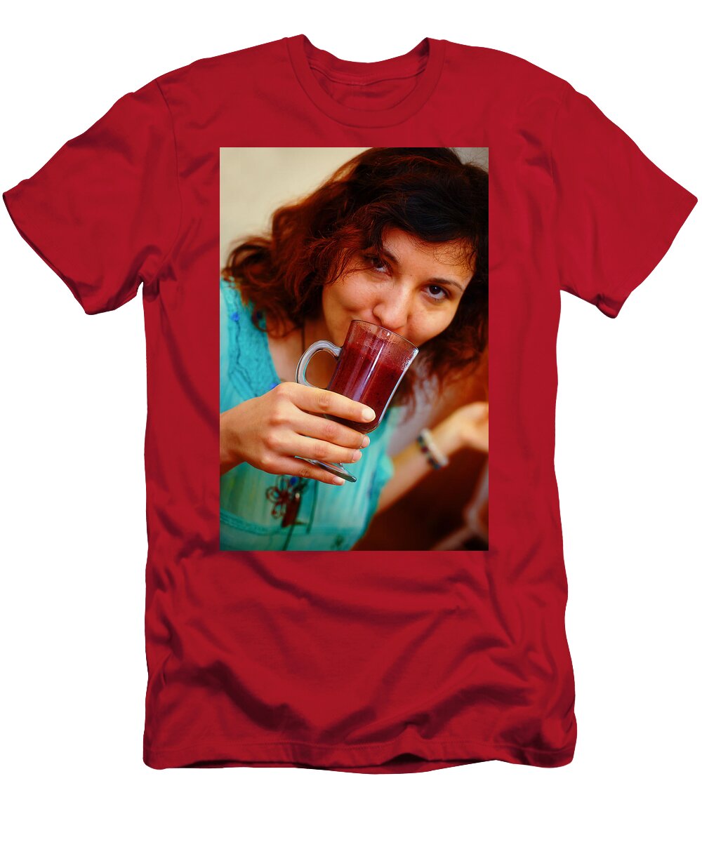 Beautiful Young Woman with Fruit Smoothie Jozef Klopacka T-Shirt
