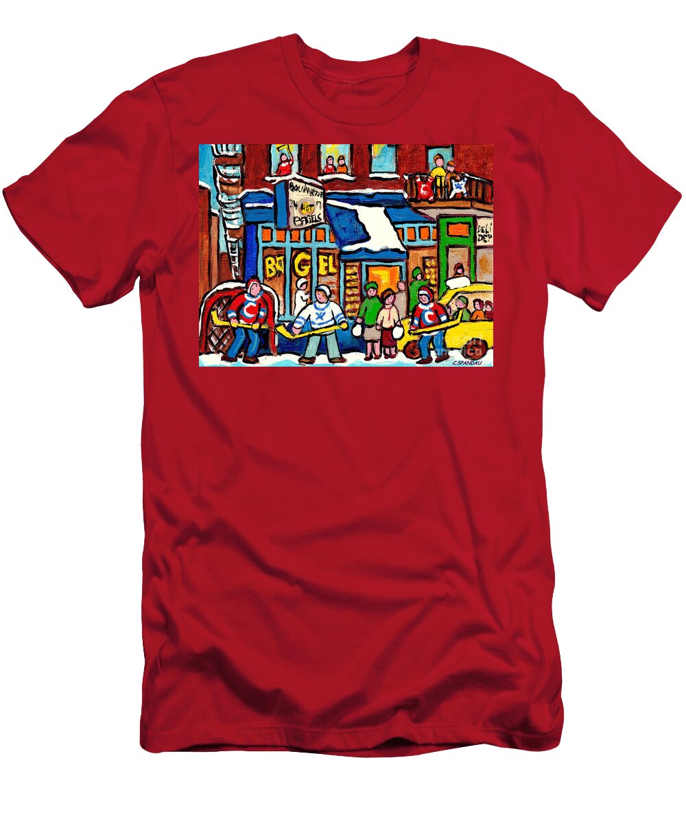 Best Bagel Bakery St Viateur Street Scene Painting C Spandau Montreal Winter Scenes Hockey Artist Carole Spandau T-Shirt