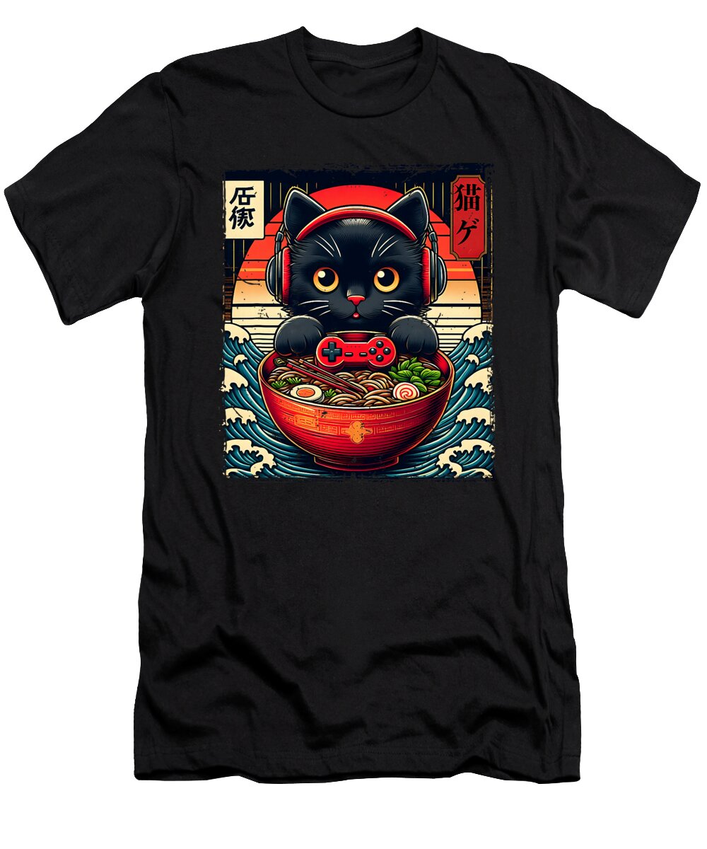 Bigwave Kawaii Gamer Cat Ramen Retro Japanese Zyneu Gangd T-Shirt