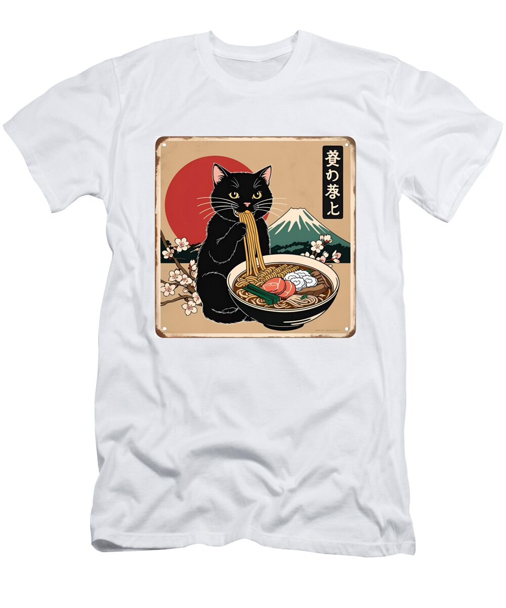 Black Cat Eating Ramen Murellos Design T-Shirt