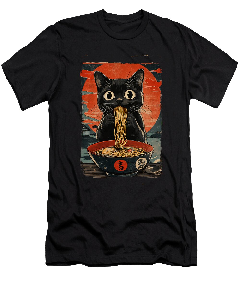 Black Cat Eating Ramen Vintage Zyneu Gangd T-Shirt