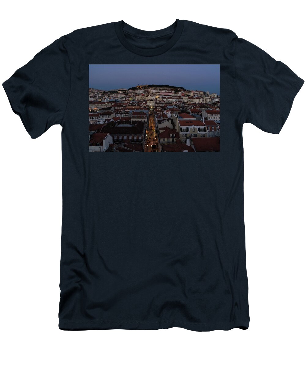 Blue Hour Over Lisbon Portugal Rua De Santa Justa Streetlights Georgia Mizuleva T-Shirt