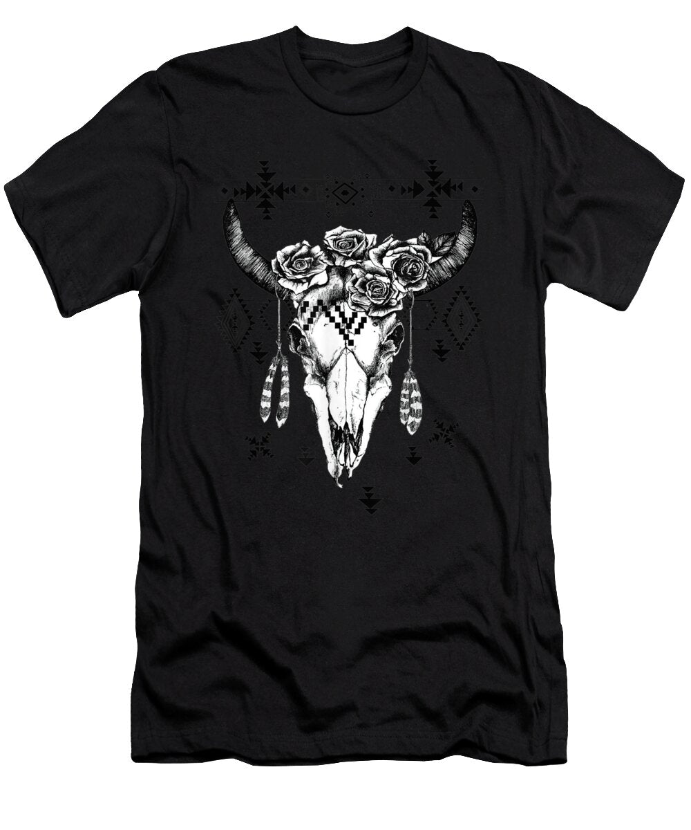 Boho Cow Bull Skull with Rose for Girl and Women Shannon Nelson Art T-Shirt