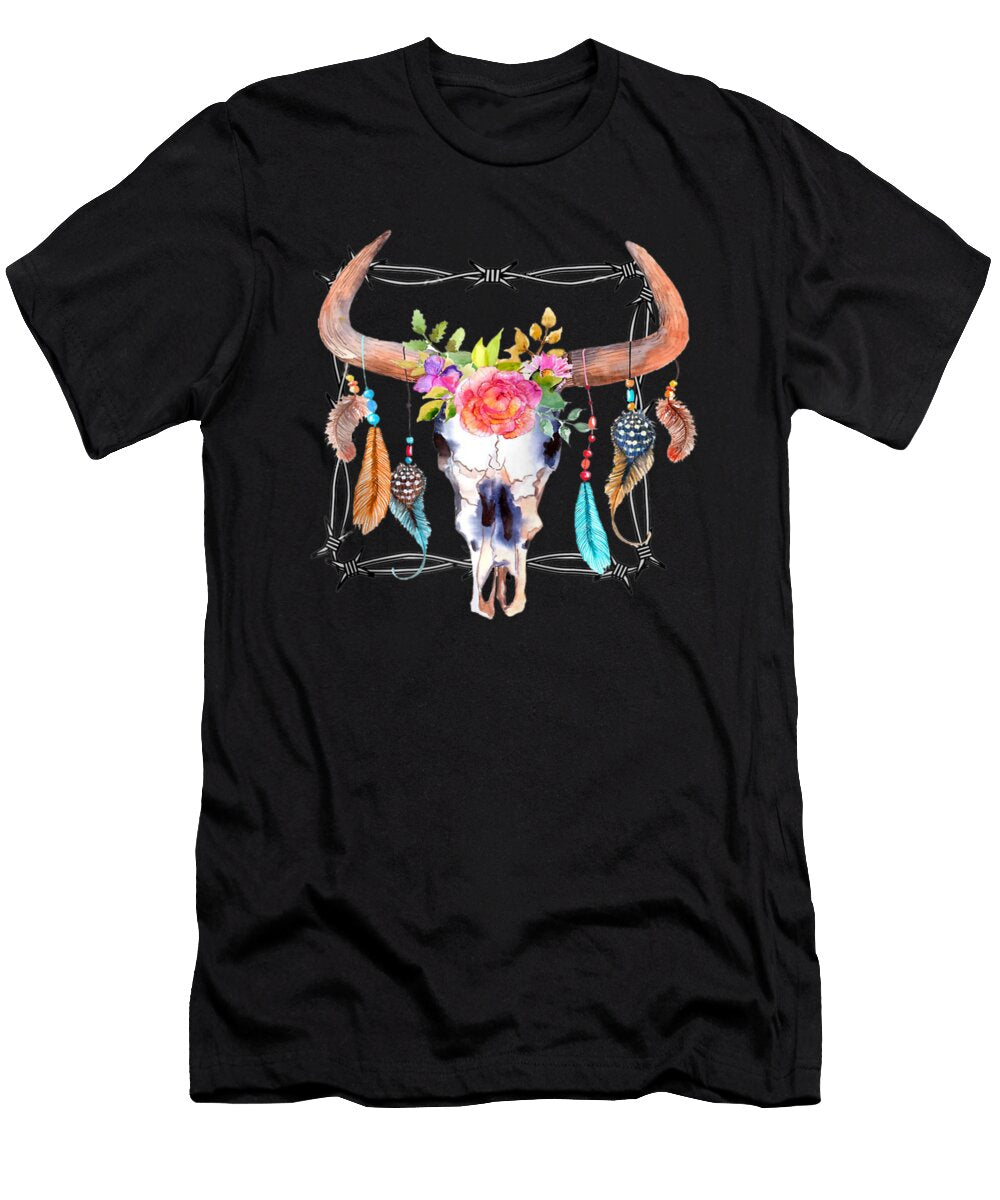 Boho Cow Skull with Feathers Flowers Livestock Shannon Nelson Art T-Shirt