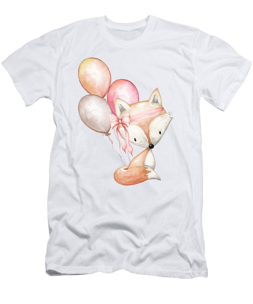 Boho Fox with Balloons Pink Forest Cafe T-Shirt