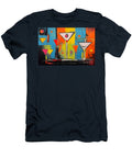 Bold Geometric Cocktail Glasses with Playful Circles and Vibrant Blue Orange and Yellow Backdrop Olfactoart Studio T-Shirt