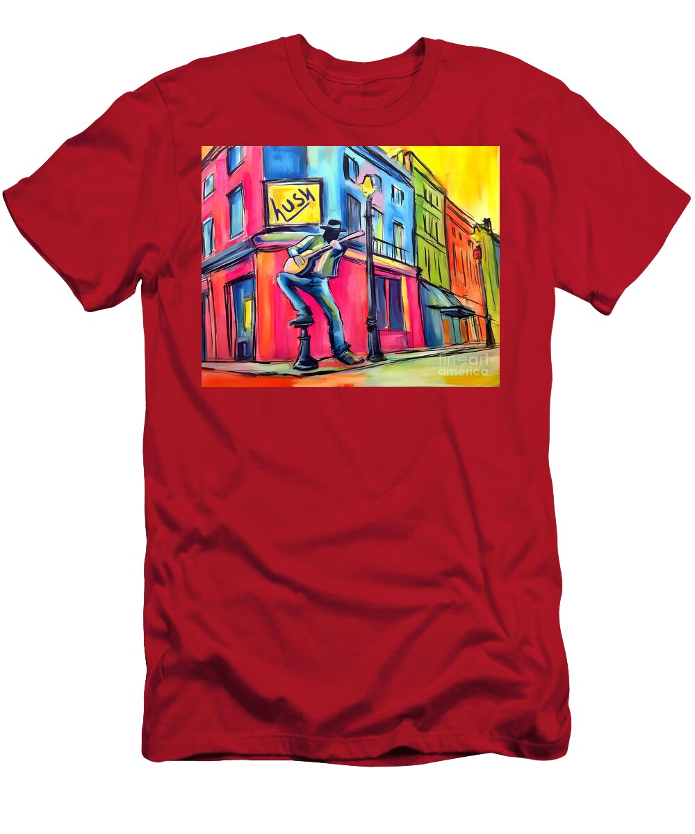Bring the Streets to Life a Vibrant Abstract Celebration of Guitar Music Urban Energy and Color Olfactoart Studio T-Shirt