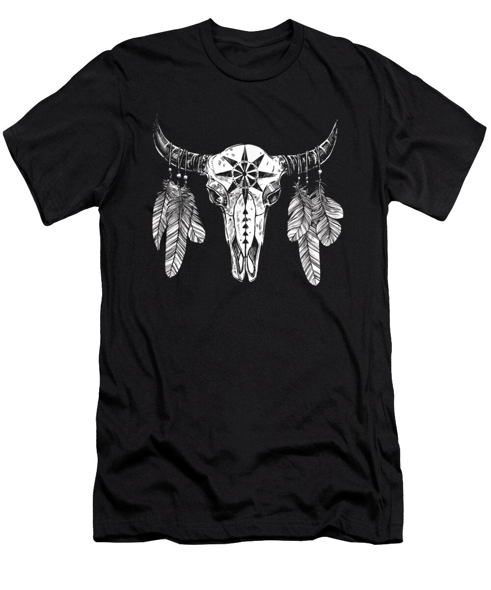 Bull Skull Tribal Design Feathers Eagle Wolf Shannon Nelson Art T-Shirt