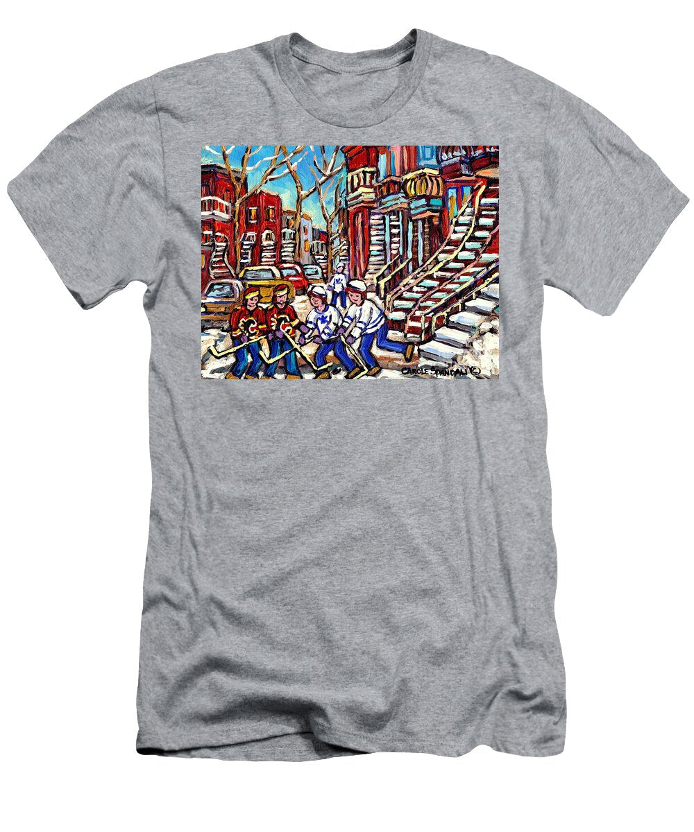 Calgary Flames Vs Maple Leafs Hockey Art Kids Winter Fun Montreal Streets and Staircases Canada Art Carole Spandau T-Shirt