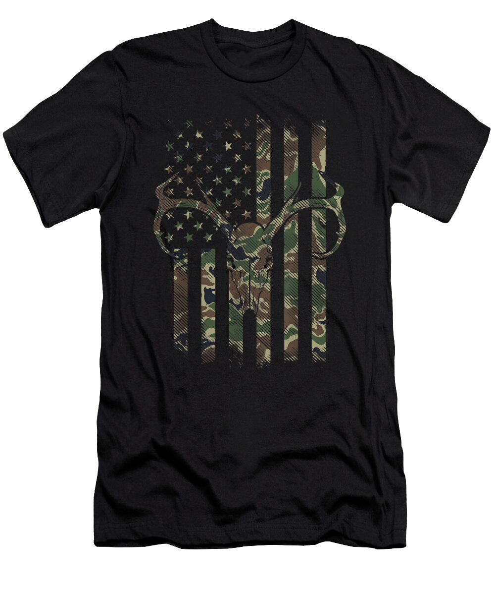 Camo American Flag Deer Skull Elk Hunting USA Shannon Nelson Art T-Shirt